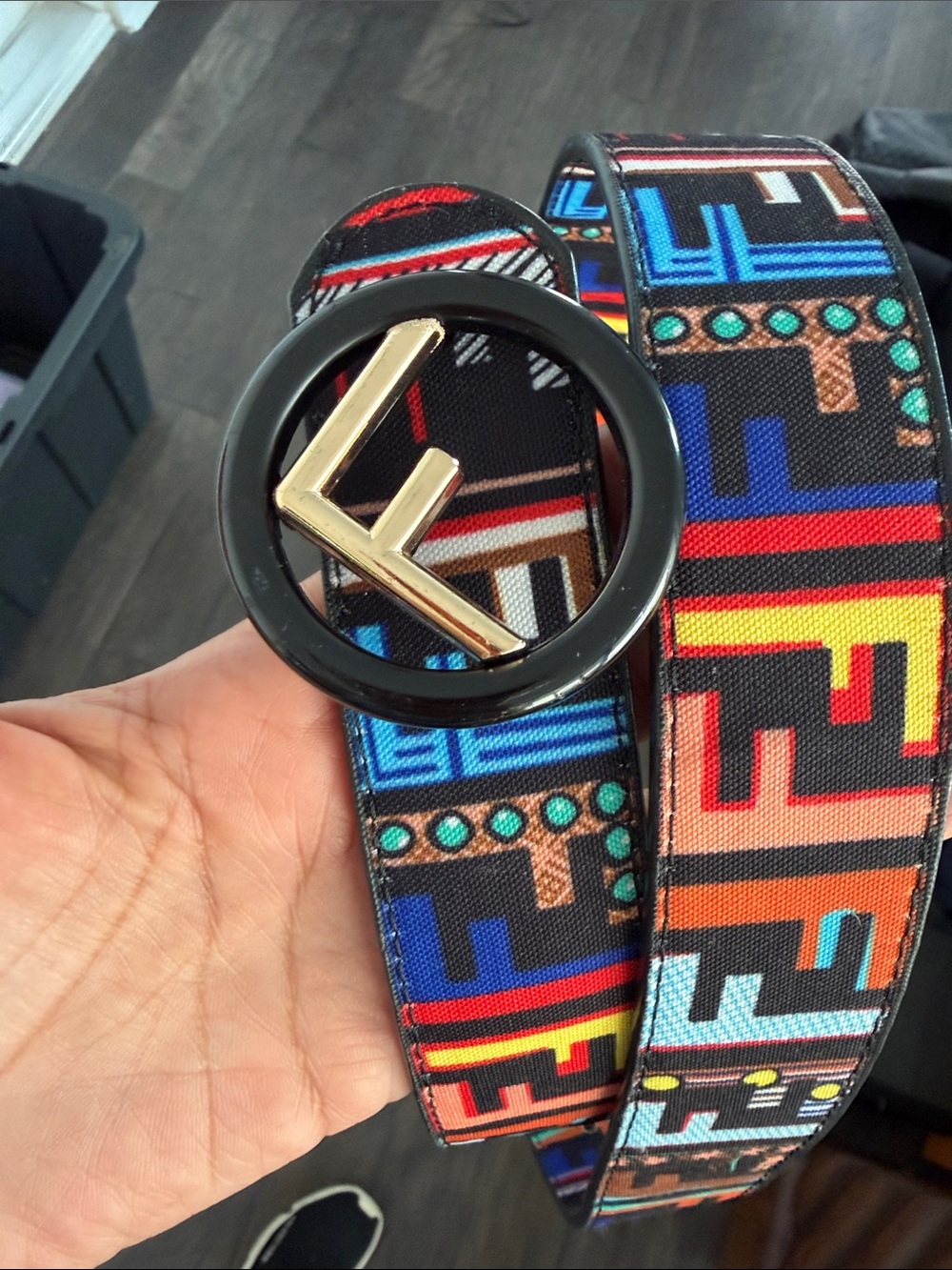 Multicolor Geometric Pattern woman Fabric Belt with Round Buckle